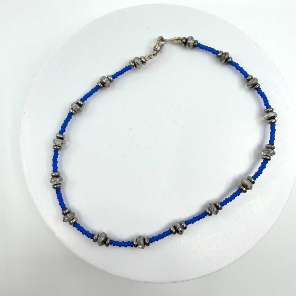 Y2K Blue Seed Bead Bracelet Silver Tone Accents Boho Layering Stacking Gift